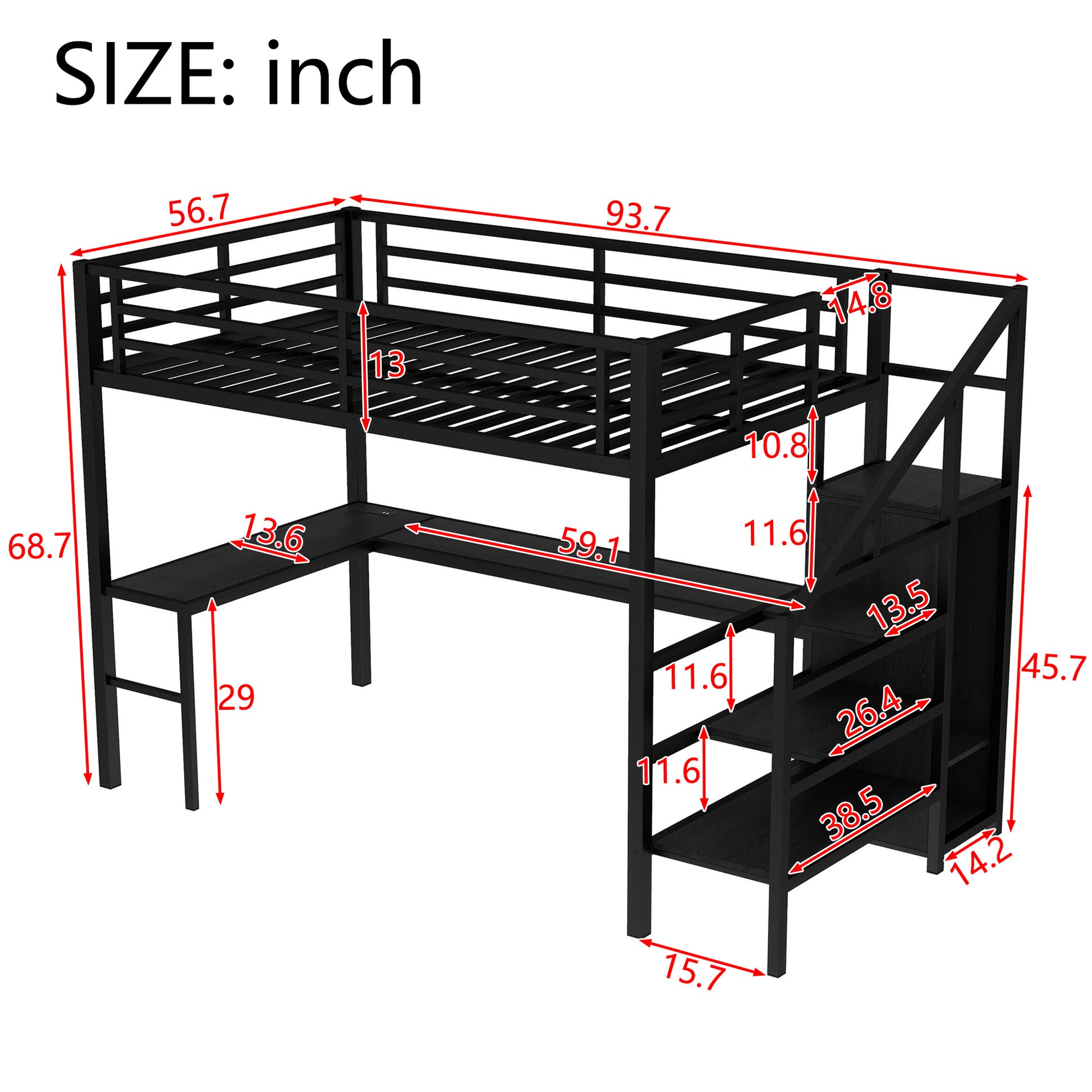 Full Size Loft Bed with L-shaped Desk and USB, Metal Loft Bed with Wardrobe and Adjustable Shelf, High Loft Bed with LED for Kids Teens Adults, Black image 5