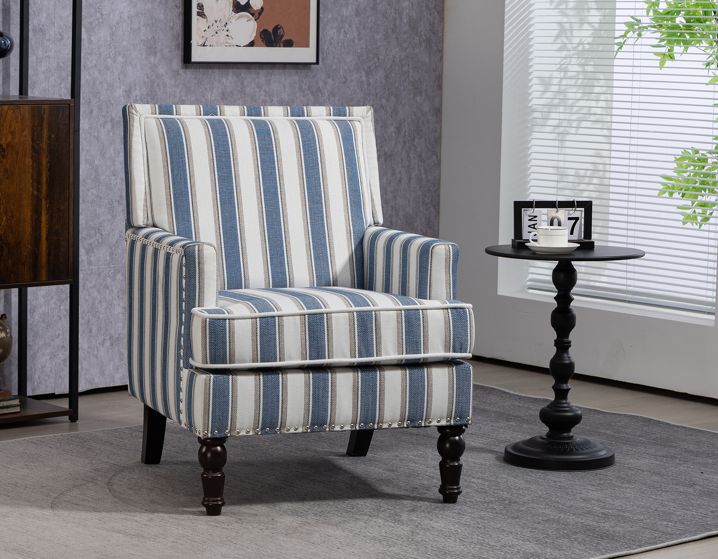 Upholstered Accent Chair, Vintage Armchair with Blue and White Striped Linen Fabric and Nailhead Trim for Living Room image 2