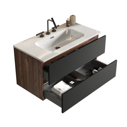Gloria 36" Wall Mounted Soft Black & Walnut Bathroom Vanity with Integrated Ceramic Sink with 3 holes, with Overflow, Large Storage Floating Bathroom Vanity for Modern Bathroom, KD image 11