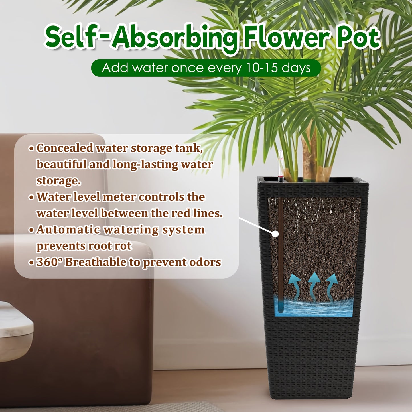 Pack of 2 Square Planter for Garden 22-Inch High Faux Rattan Design Flower Pot with Automatic Watering System for Porch, Patio, Backyard, Makes Keeping Flowers Easier image 4