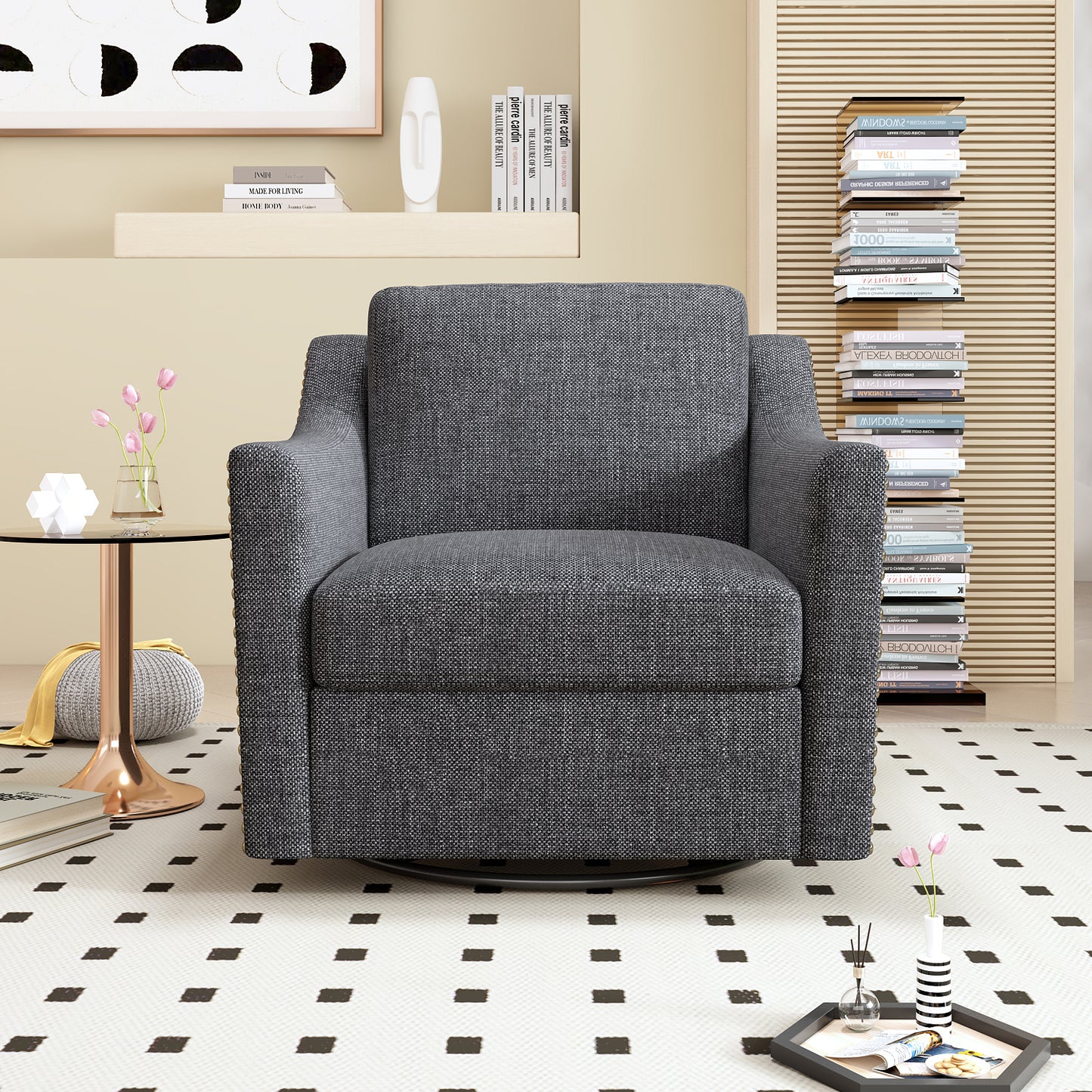 360 Degree Swivel Armchair Cotton linen skin-friendly fabric Ergonomic design Brass nail decorative armchair Living room chairs Bedroom chairs Living room chairs Black legs Suitable for indoor homes image 3