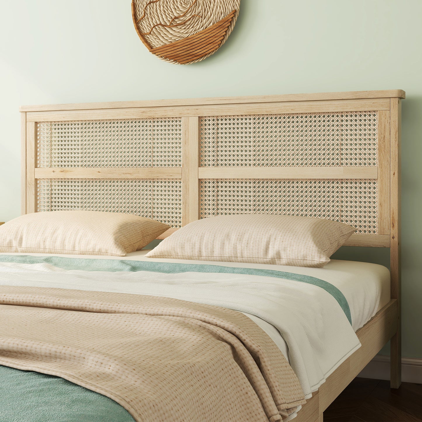 Queen Size Rubber Wooden, Solid Wooden Bed with Rattan Headboard, Enhanced by Support Feet,Natural image 8