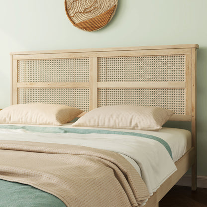 Queen Size Rubber Wooden, Solid Wooden Bed with Rattan Headboard, Enhanced by Support Feet,Natural image 8