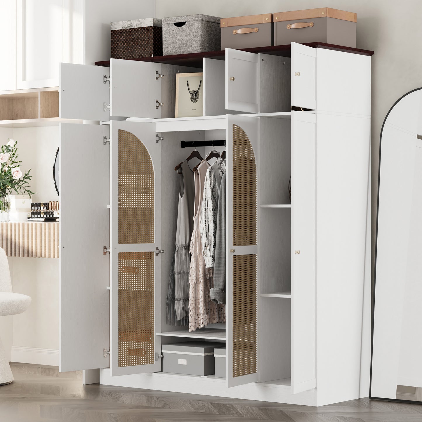 70.87"Tall 8-Door Large Capacity Armoire Wardrobe Closet with Hanging Rod, Adjustable Shelves and Rattan Decorative Doors, Clothing Storage Cabinet for Bedroom, walk-in closet, Living Room, White image 3