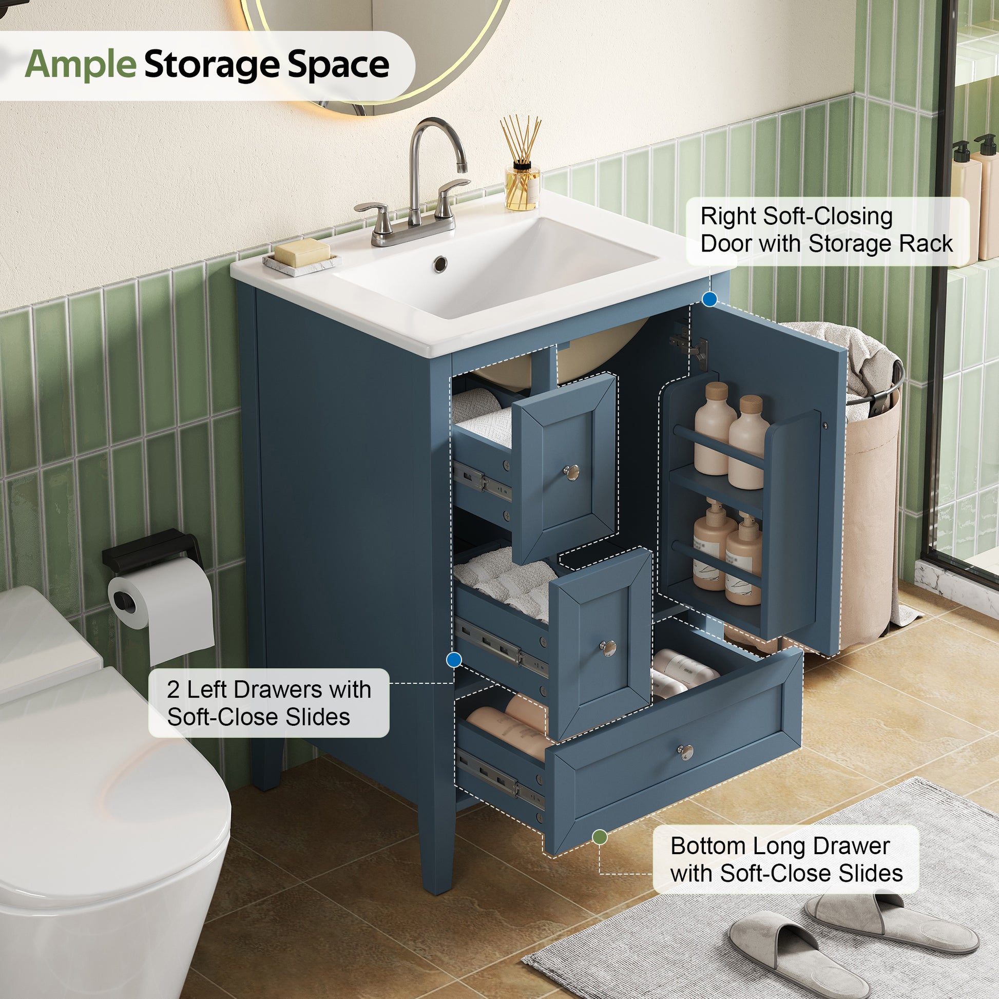 [Video] 24" Modern Blue Gray Bathroom Vanity with Ceramic Sink, Solid Wood Legs, Soft-Close Drawers & Door, Storage Rack, Painted Surface Finish image 6