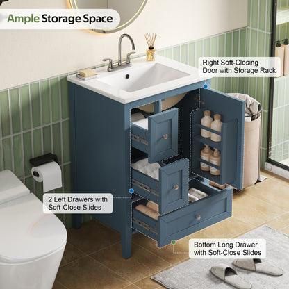 [Video] 24" Modern Blue Gray Bathroom Vanity with Ceramic Sink, Solid Wood Legs, Soft-Close Drawers & Door, Storage Rack, Painted Surface Finish image 6