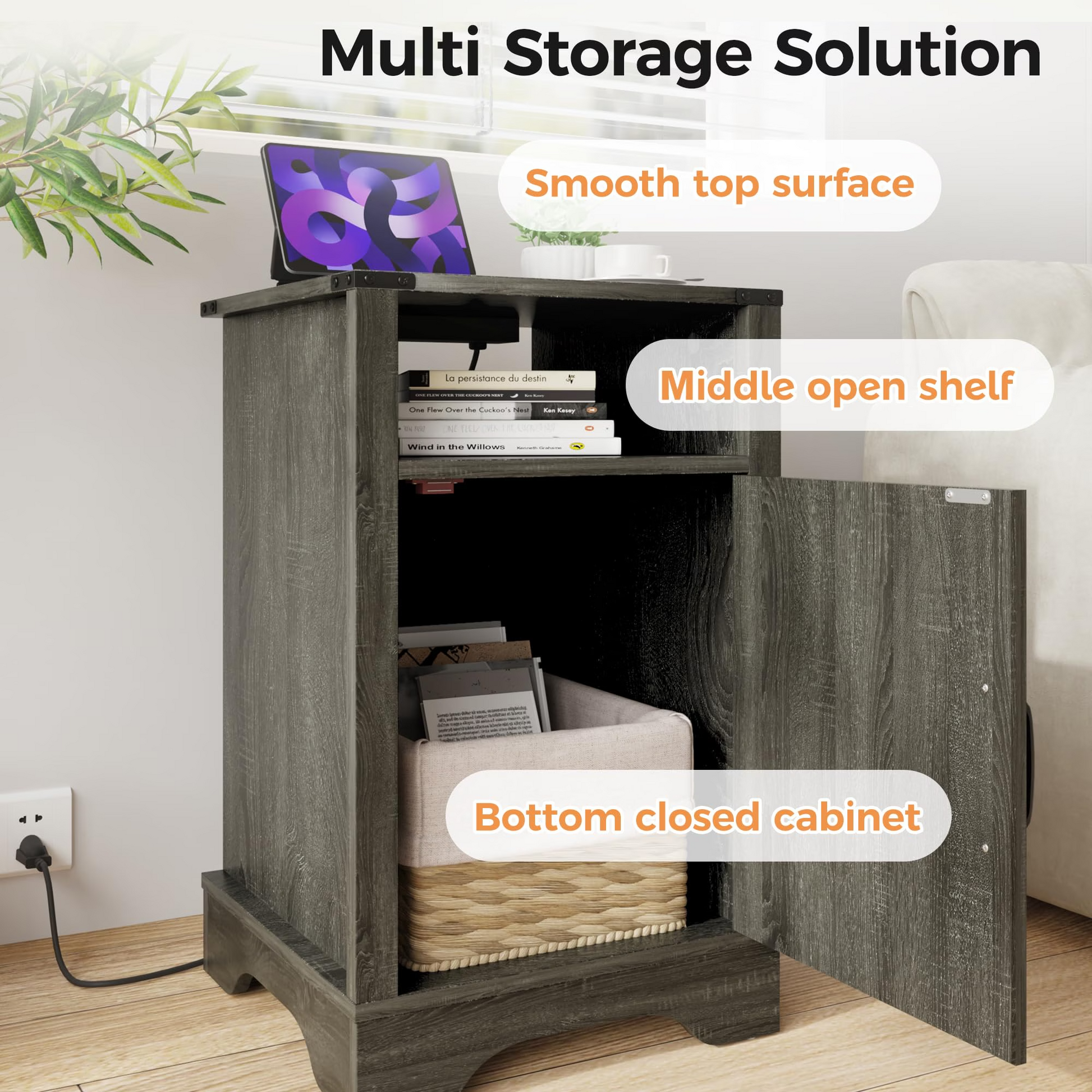 Farmhouse Nightstand with Charging Station Wooden Rustic End Table for Bedroom, Living Room, 16" D x 16" W x 25" H(Set of 1), Dark Grey image 2