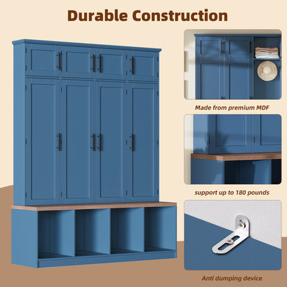 Farmhouse Hall Tree with 4 Hidden Hanging Hooks, Versatile Walnut Seating Bench with 8 Doors, Entryway Shoe Cabinet with Open Compartment for Living Room, Blue (OLD SKU:N721S000059C) image 5
