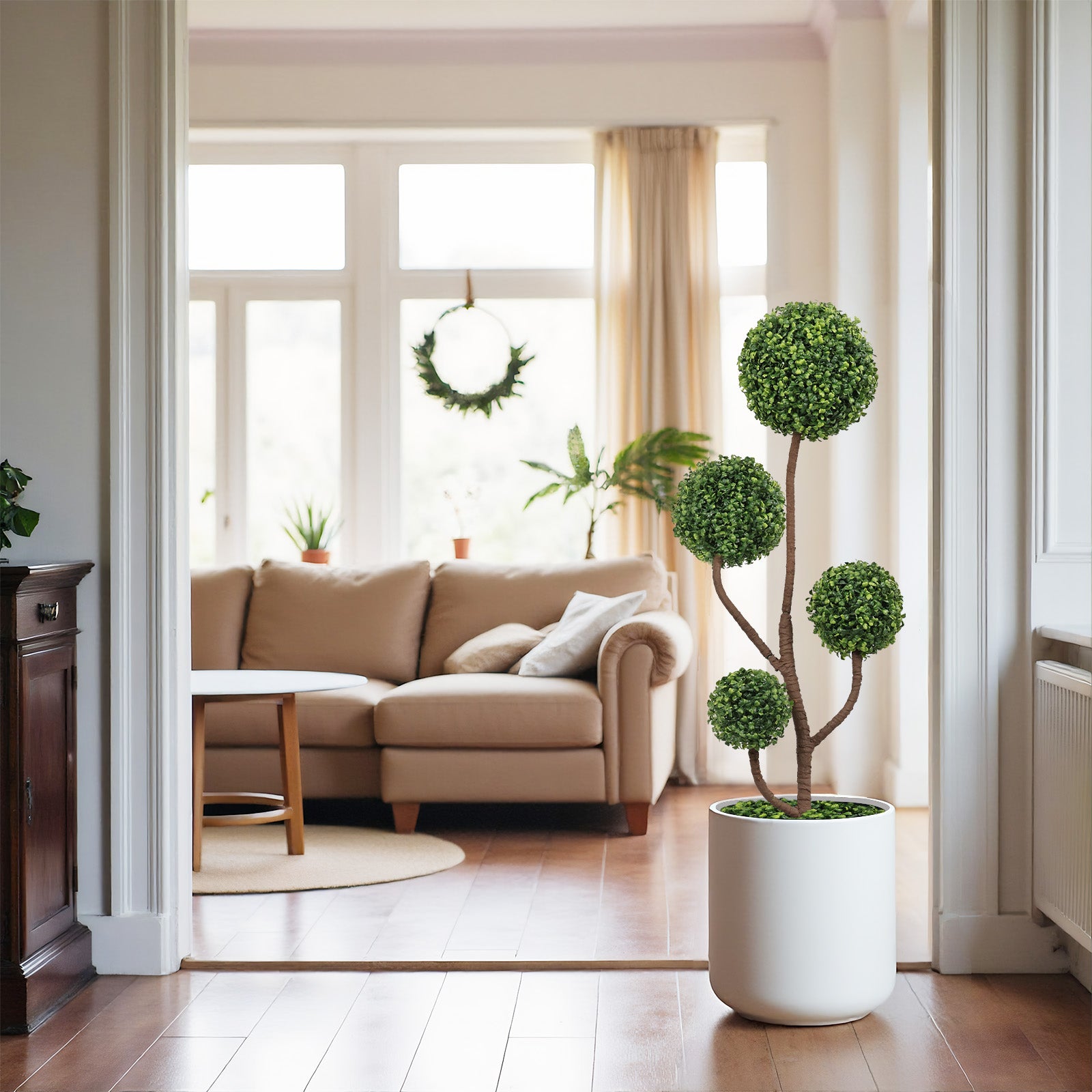 4FT Tall Artificial Boxwood Topiary Tree Large Faux Green Plant in Pot for Indoor Outdoor Patio Porch Garden Decoration, 1pc/set image 9