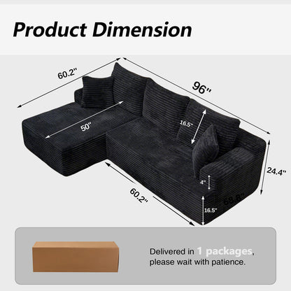 New 96"Frameless Boneless Soft Sofa,Cloud Sectional Couch With L-Shaped Chaise Black Left Corner image 5