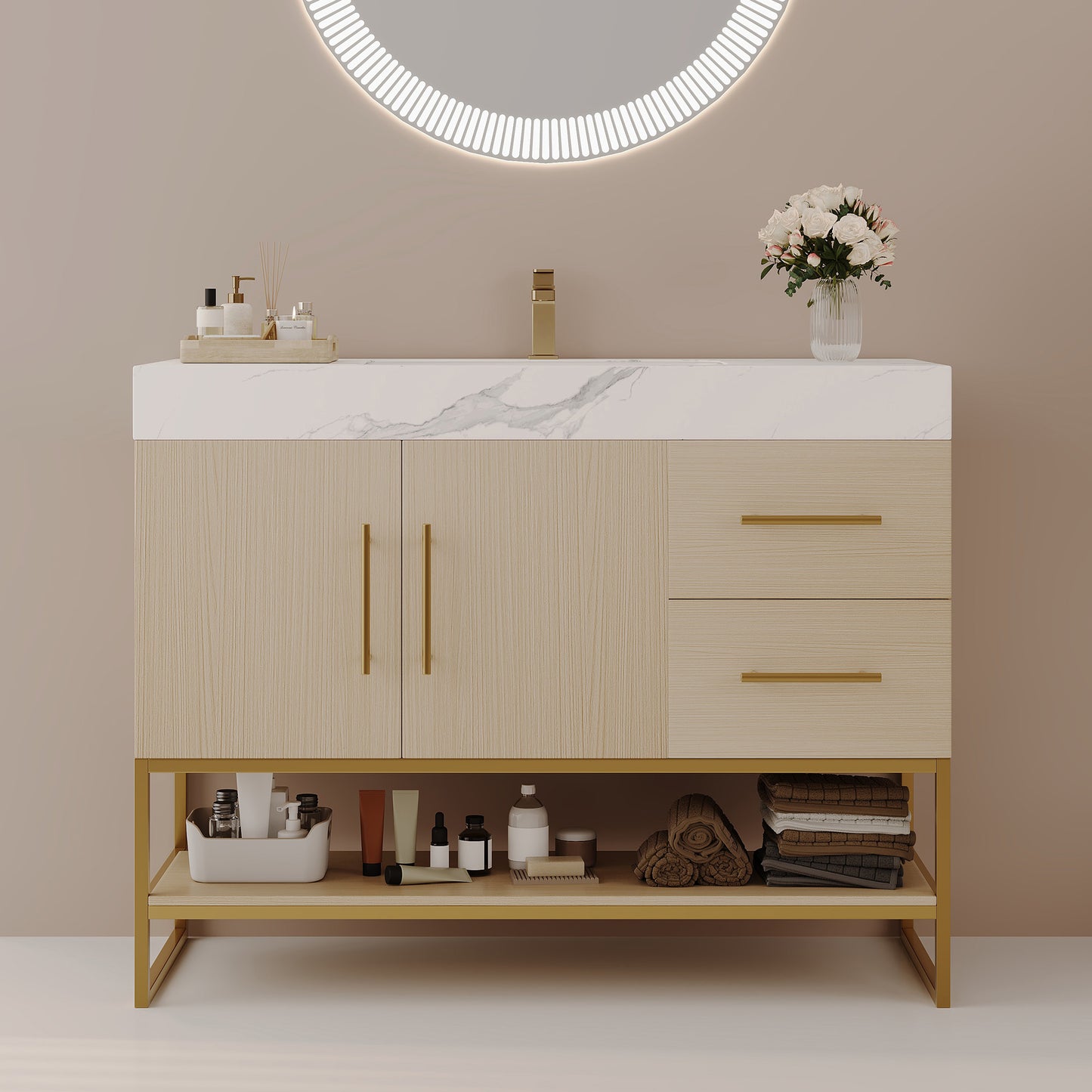 36" Modern Free-Standing Bathroom Vanity with Seamless Ceramic Sink & Sintered Stone Top image 1