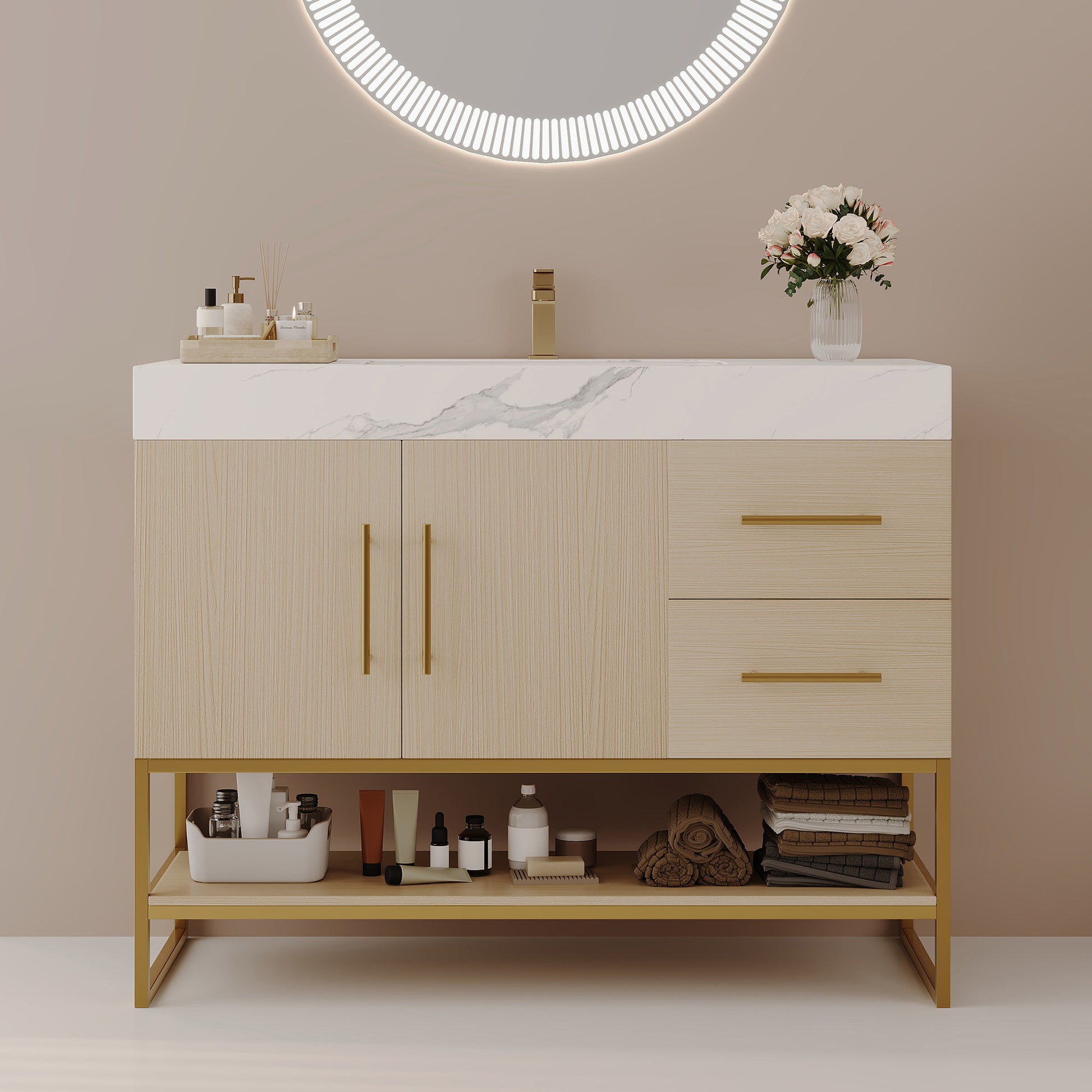 36" Modern Free-Standing Bathroom Vanity with Seamless Ceramic Sink & Sintered Stone Top image 1