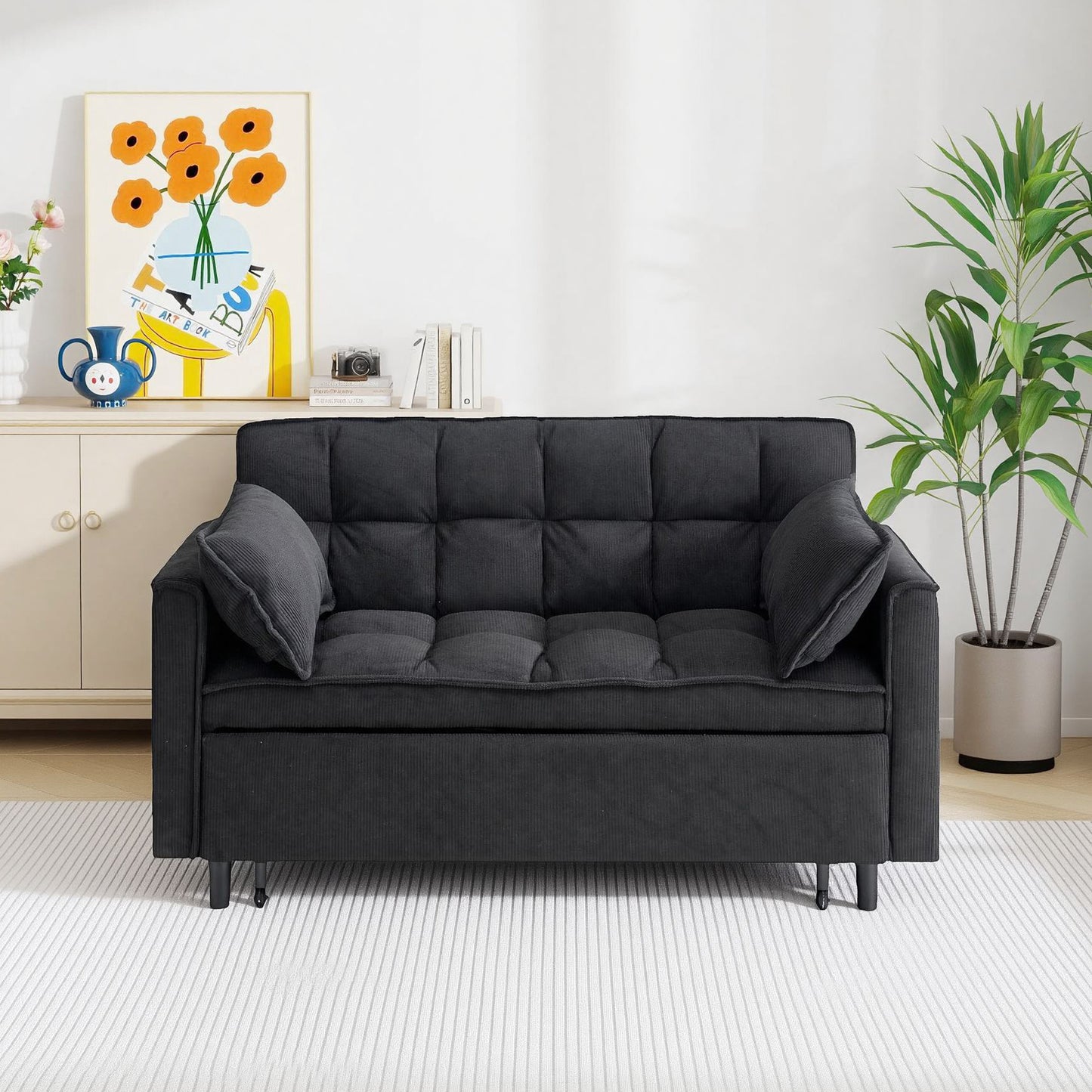 54.30" Corduroy Modular Sectional Sleeper Sofa, Loveseat with Pull Out Bed for Living Room Black Couch image 1