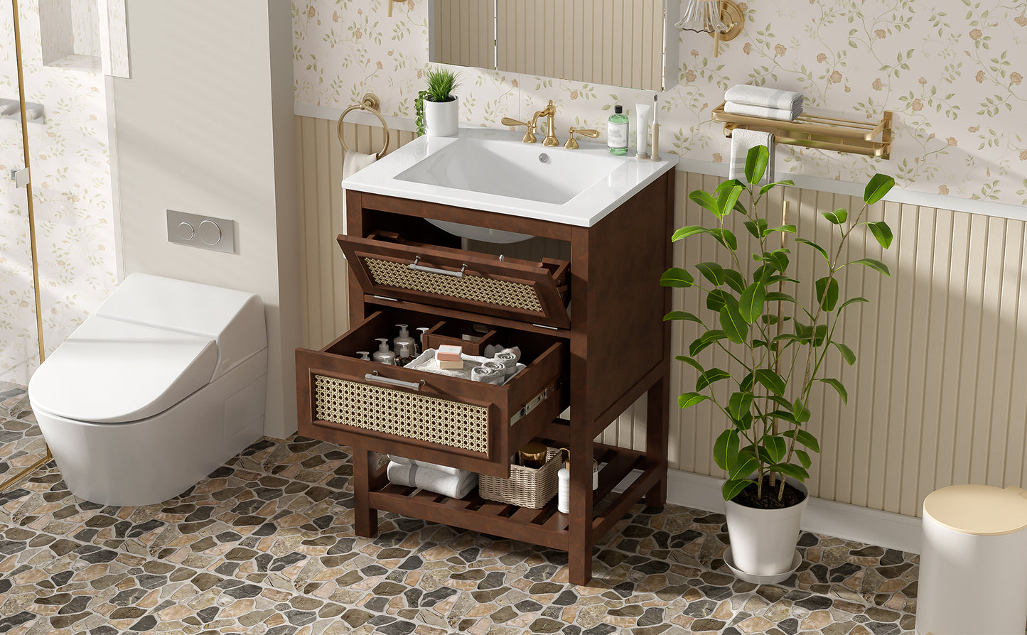 24" Bathroom Vanity with Integrated Ceramic Sink, Bathroom Cabinet with 1 Deep Drawer, 1 Tip-Out Drawer, Single Sink Bathroom Vanity for Small and Medium Restroom image 12