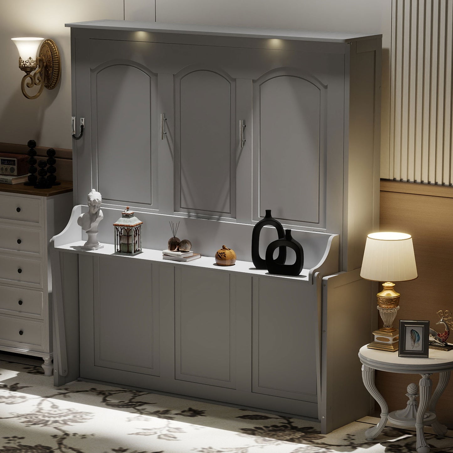 Queen Size Murphy Bed with Desk,LED Lights and USB Charging Station,Gray image 2