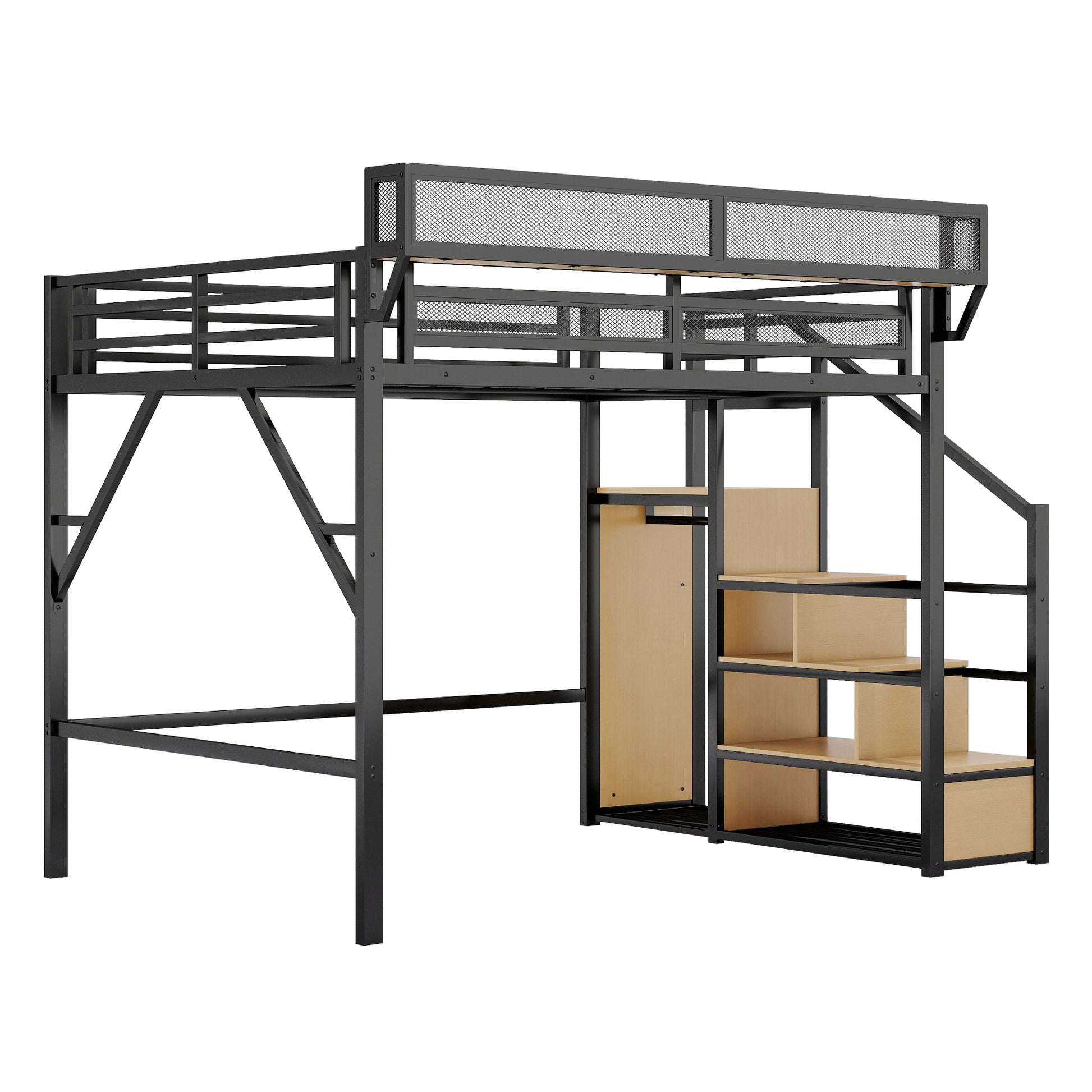 Queen Size Loft Bed with Stairs, Metal Queen Loft Bed with Storage Shelves, High Loft Bed with Wardrobe for Kids Teens Adults, Black(Old SKU W2580S00028) Patent Products image 3