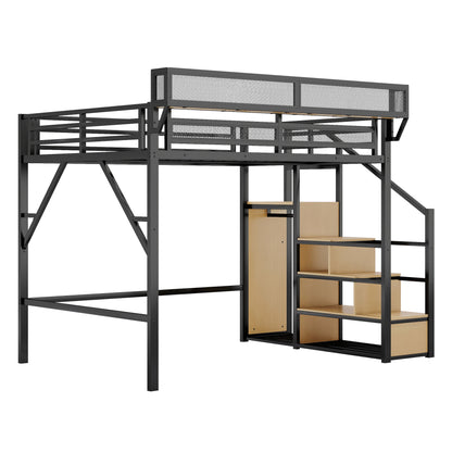 Queen Size Loft Bed with Stairs, Metal Queen Loft Bed with Storage Shelves, High Loft Bed with Wardrobe for Kids Teens Adults, Black(Old SKU W2580S00028) Patent Products image 3