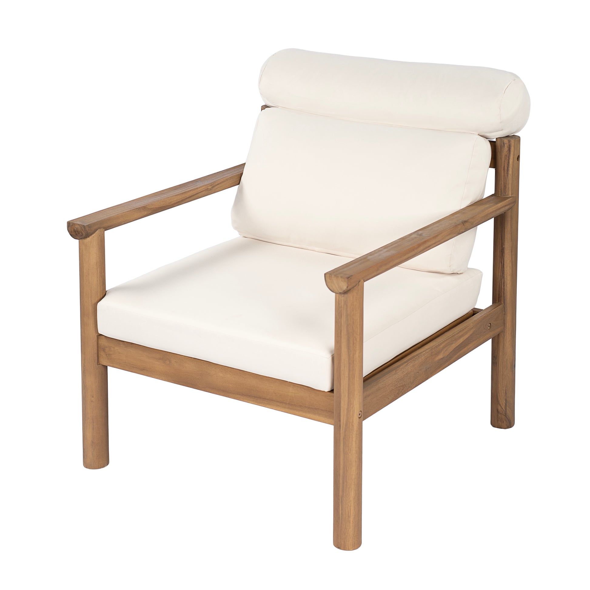 28" Mid-Century Modern Acacia Wood Outdoor Patio Chair, Weather-Resistant Deep Seating Lounge Chair with Bolster Pillow & Thick Cushions, Solid Wood Frame Accent Chair for Backyard, Poolside & Deck image 3
