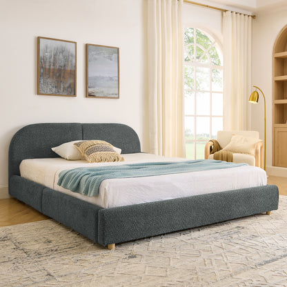 Queen Size Upholstered Bed Frame Modern Minimalist Style - Circle Yarn Fabric, Tall Curved Headboard, Sturdy Leg Support & Wheeled Drawer Storage, Mattress Not Included -Dark Gray image 2