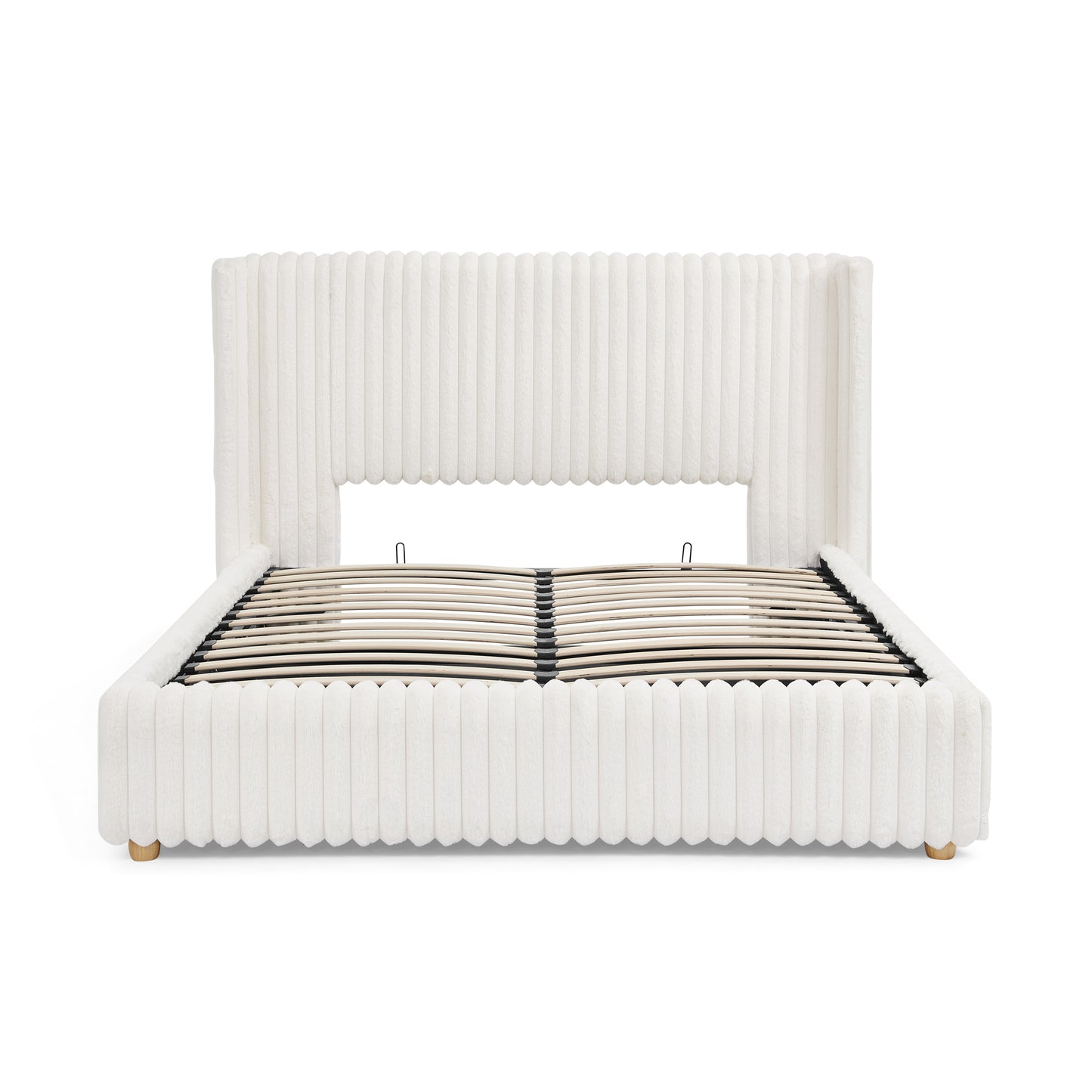 Queen Functional Vertical Striped Bed with Gas Lift Storage, Luxury Fluffy Rabbit Fur Fabric Up-holstered Double Bed image 9