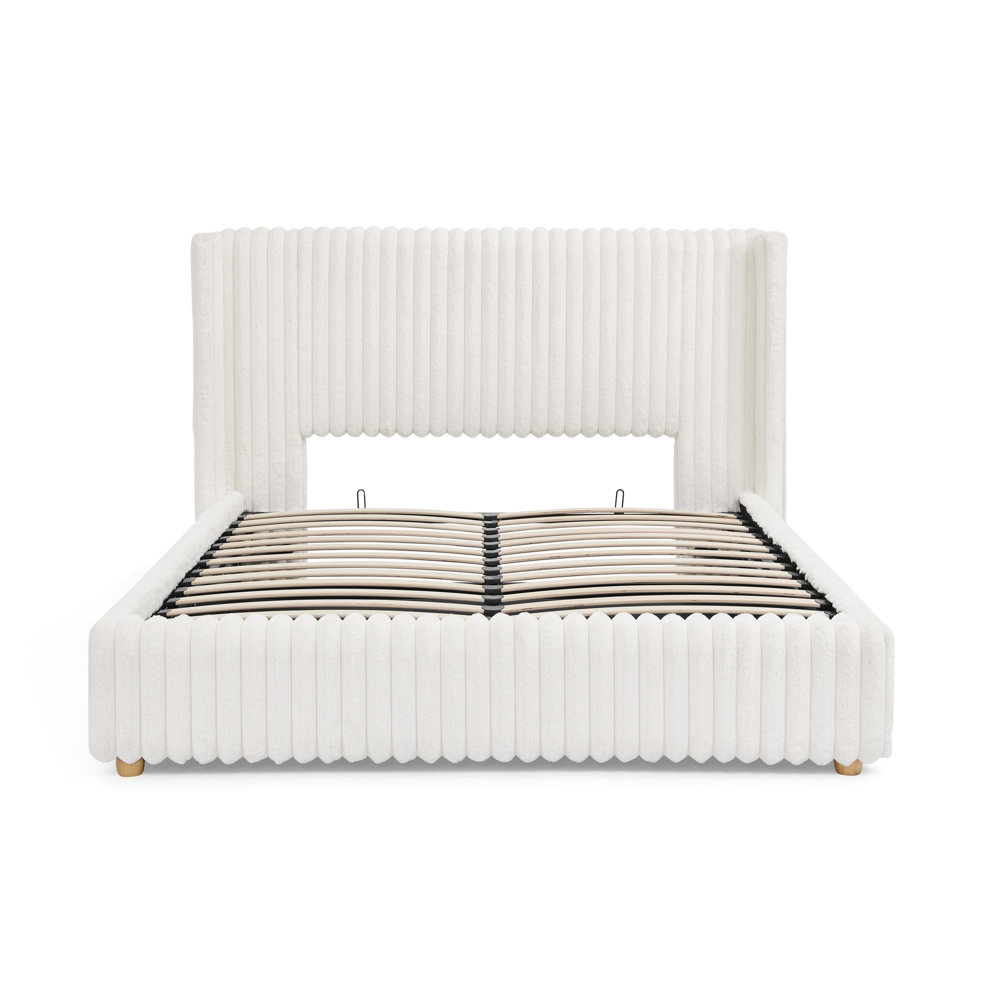 Queen Functional Vertical Striped Bed with Gas Lift Storage, Luxury Fluffy Rabbit Fur Fabric Up-holstered Double Bed image 9