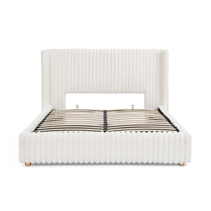 Queen Functional Vertical Striped Bed with Gas Lift Storage, Luxury Fluffy Rabbit Fur Fabric Up-holstered Double Bed image 9