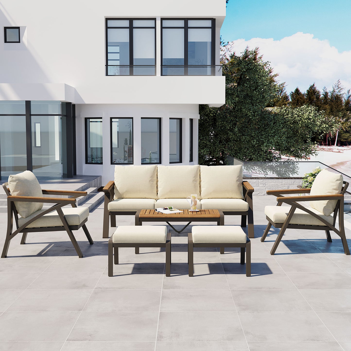 6-Piece Outdoor Patio Furniture Set, Steel Frame Sofa Set with 3-Seat Couch, 2 Armchairs, 2 Ottomans & Acacia Wood Coffee Table, Cushioned Seating for Backyard, Garden, Poolside, Beige Cushion image 2