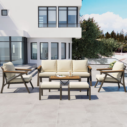 6-Piece Outdoor Patio Furniture Set, Steel Frame Sofa Set with 3-Seat Couch, 2 Armchairs, 2 Ottomans & Acacia Wood Coffee Table, Cushioned Seating for Backyard, Garden, Poolside, Beige Cushion image 2