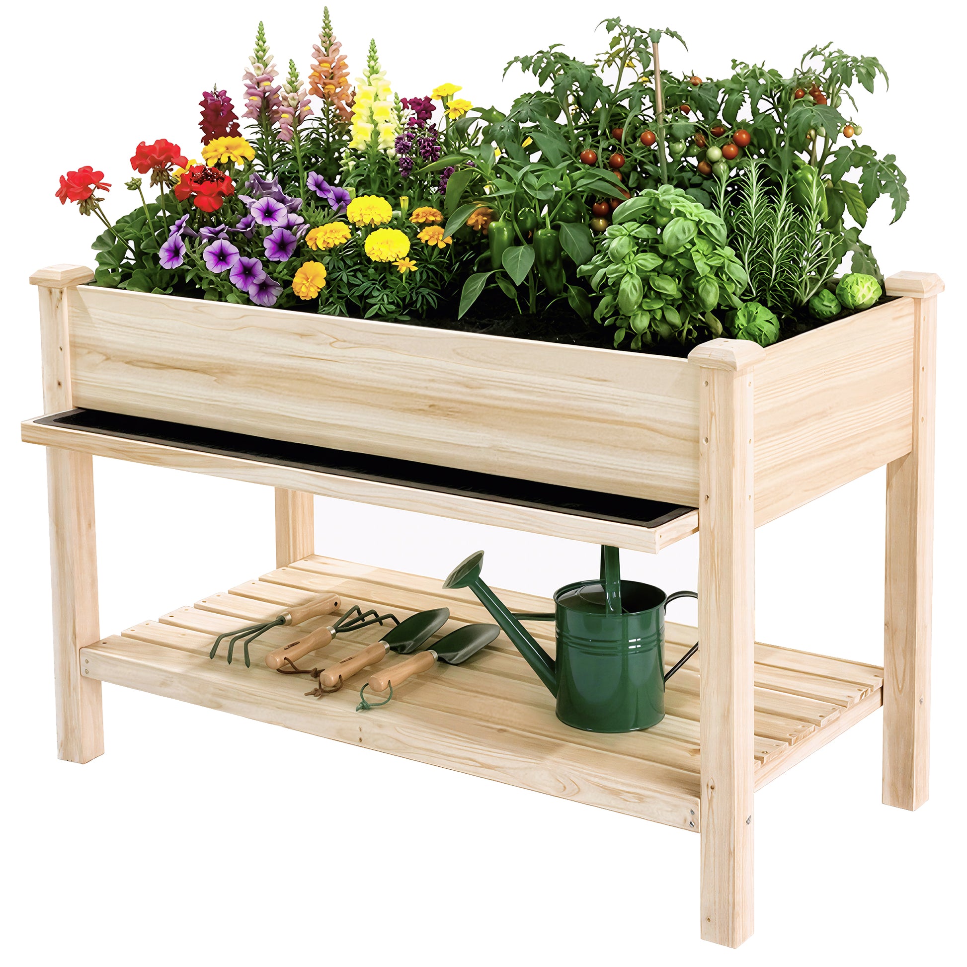 Raised Garden Bed 48x23x31.1-inch Elevated Wood Planter with Water Collection Tray, Storage Shelf, Protective Liner image 9
