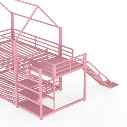Full Metal House Bunk Bed with Storage Stairs, Slide, Safety Rails, Pink image 9