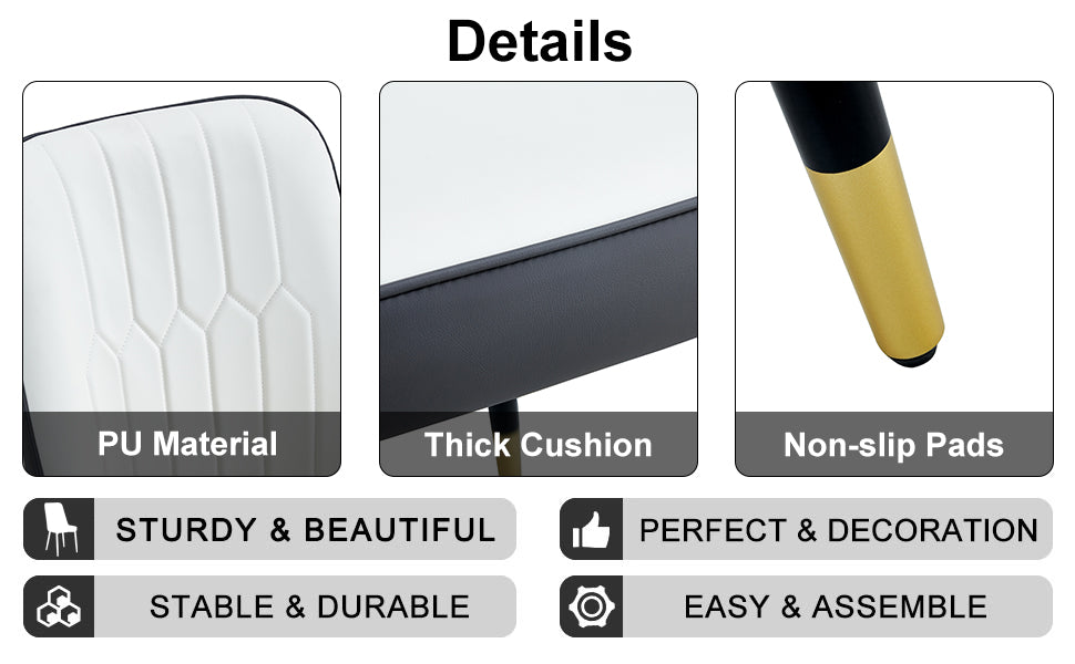 A modern dining chair with a white dark gray dual tone PU leather backrest and black metal legs, suitable for kitchens, bedrooms, and offices. A set of 4 pieces (white+dark gray+PU)C-007 image 11