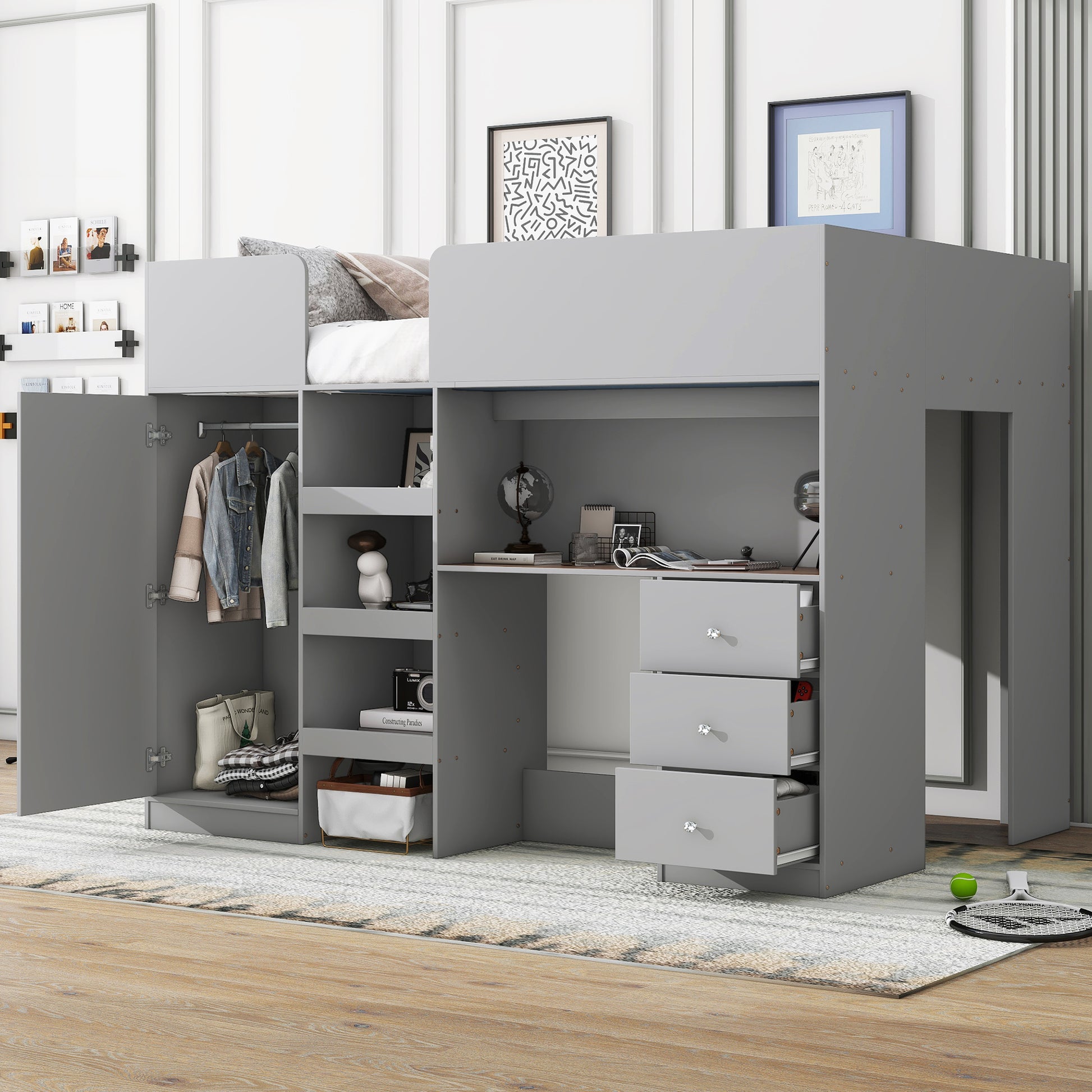 Wood Full Size Loft Bed with Built-in Wardrobe, Desk, Storage Shelves and Drawers, Grey image 1