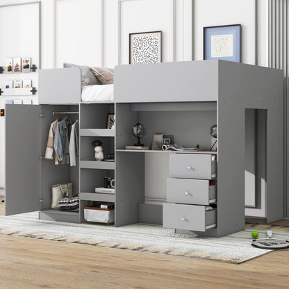 Wood Full Size Loft Bed with Built-in Wardrobe, Desk, Storage Shelves and Drawers, Grey image 1