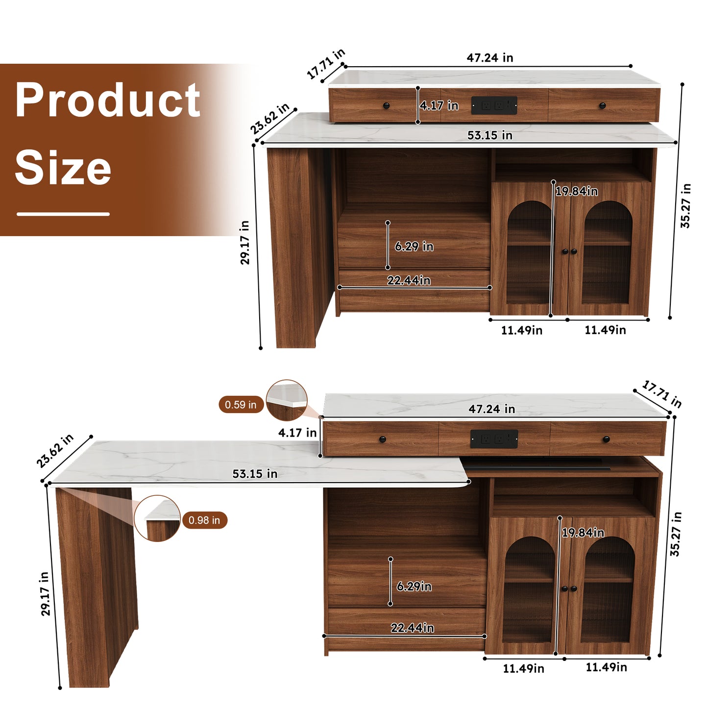 Kitchen Island with Extendable & Rotating Table, MDF with Walnut Veneer Retro Design, 4 Drawers & Glass Door Cabinets with Built-in Socket, Expandable Dining Station for 2-4 Person (Walnut) image 9