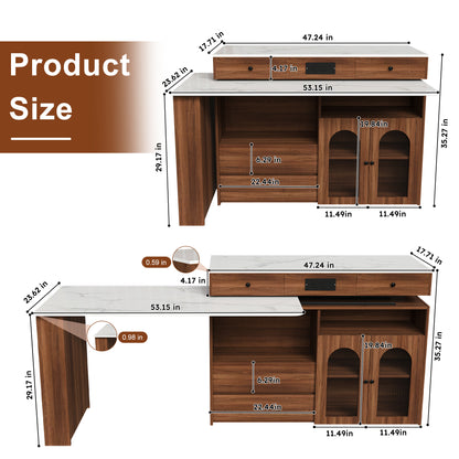 Kitchen Island with Extendable & Rotating Table, MDF with Walnut Veneer Retro Design, 4 Drawers & Glass Door Cabinets with Built-in Socket, Expandable Dining Station for 2-4 Person (Walnut) image 9