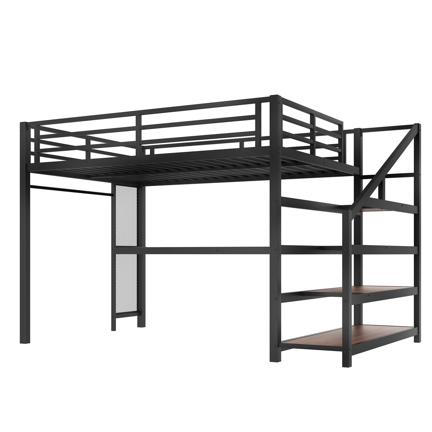 Queen Loft Bed with Desk and Storage Stairs, Metal Loft Beds with LED Lights, USB Ports, Multifunctional Iron Nets, No Spring Box Needed and Noise-free, Black image 8