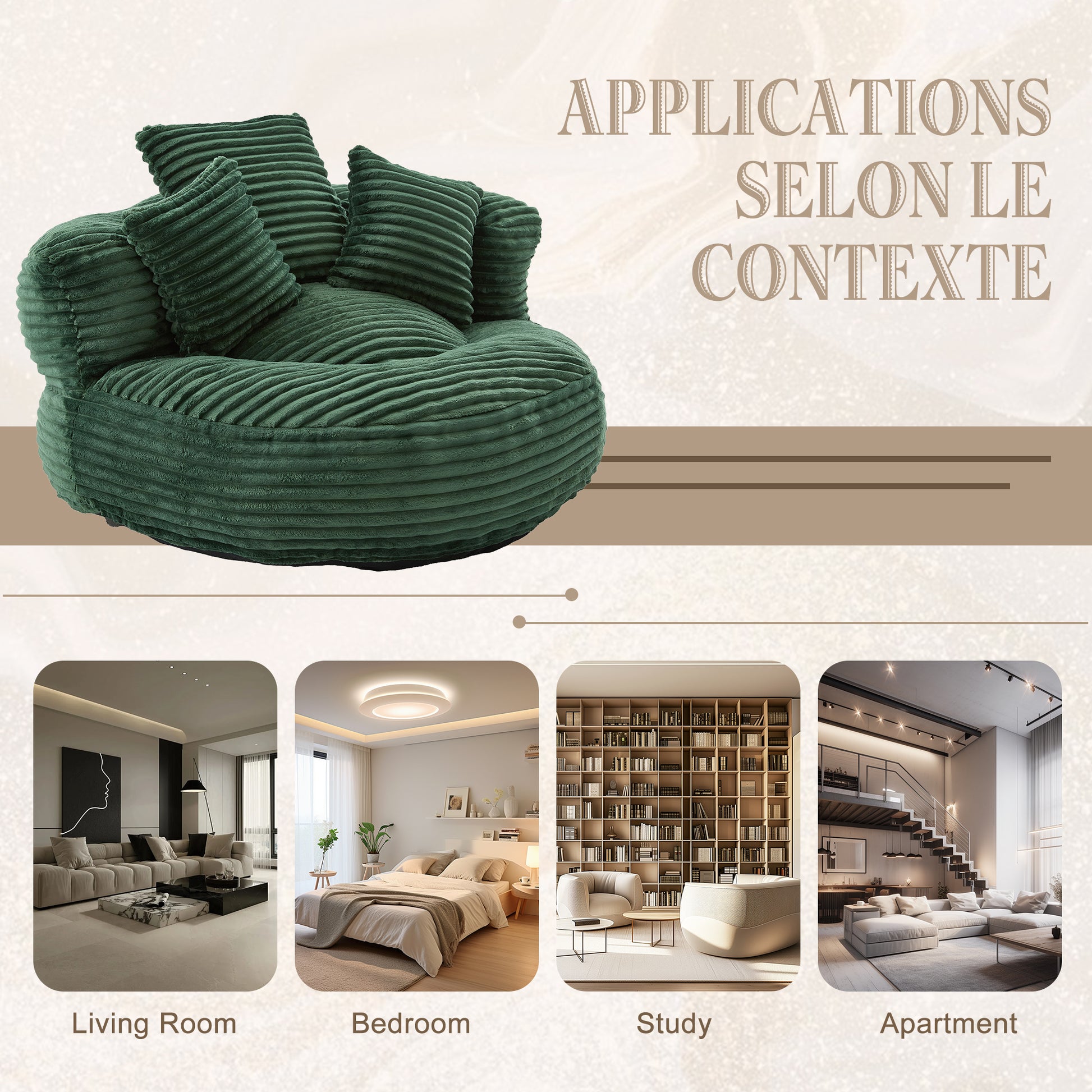 Single Bean Bag Chairs, Bean Bag Sofa for Adults, Kids,Corduroy Bean Bag Chair with 3 Pillows & Armrest,Beanbag Chair & Lazy Sofa with Foam Filler for Bedroom Living Room Dorm image 5