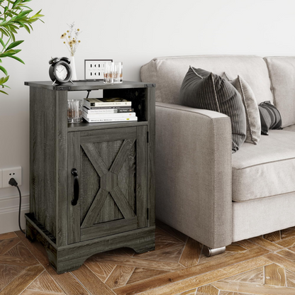 Farmhouse Nightstand with Charging Station Wooden Rustic End Table for Bedroom, Living Room, 16" D x 16" W x 25" H(Set of 1), Dark Grey image 1