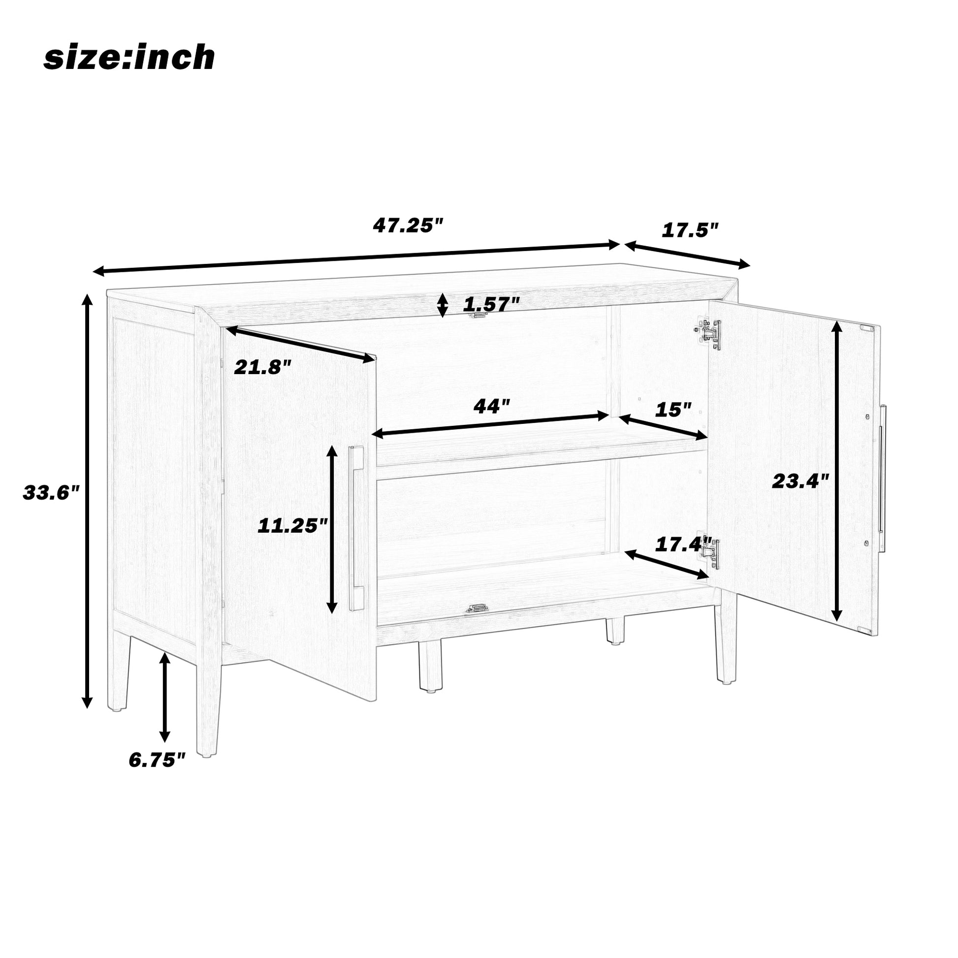 U_STYLE 47.25-Inch Farmhouse Sideboard with Pine Veneer and 2 Doors, Retro Buffet with Adjustable Feet, Minimalist Wooden Storage Cabinet with Metal Handles for Living Room, Kitchen image 9