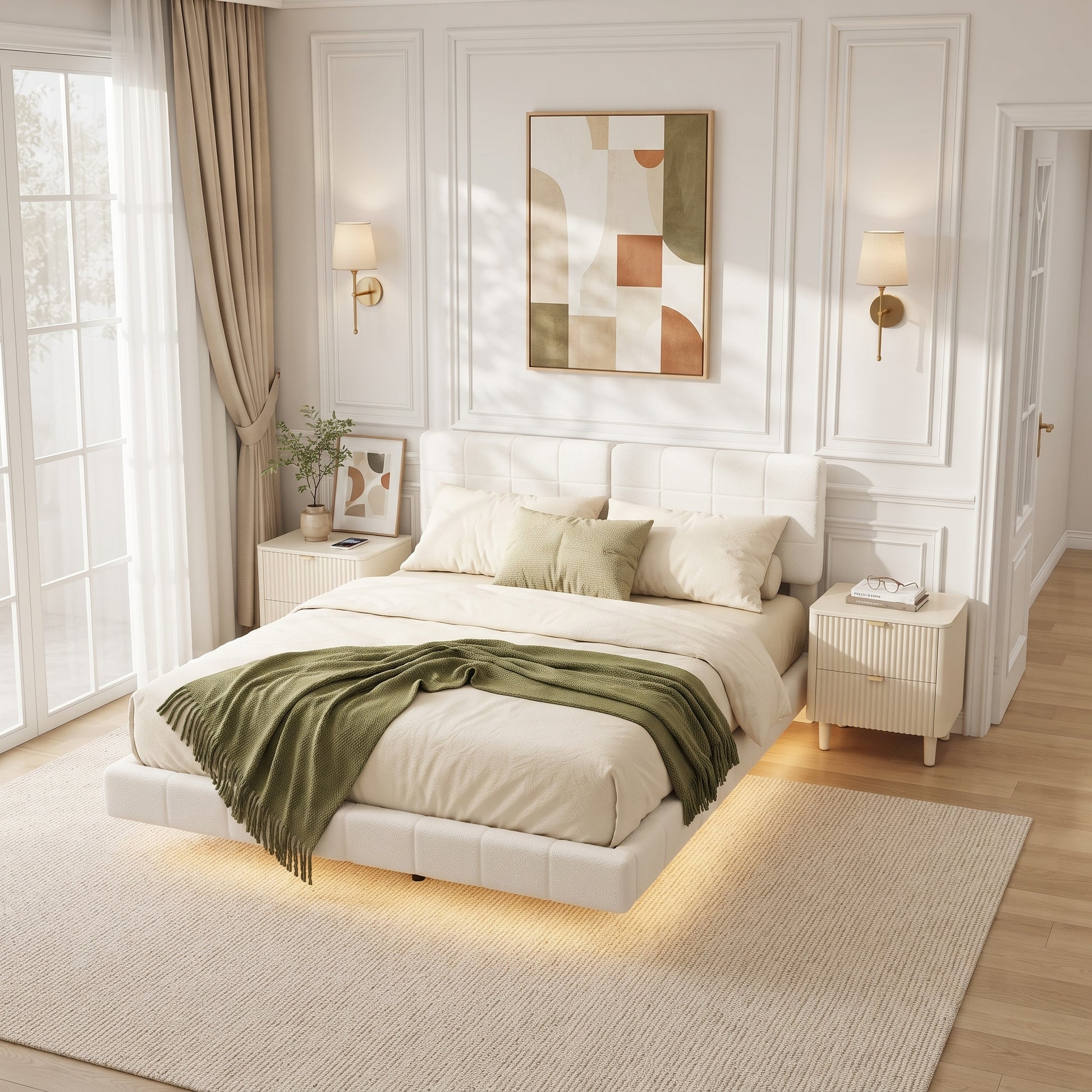White Boucle Floating Bed with Light,King image 2