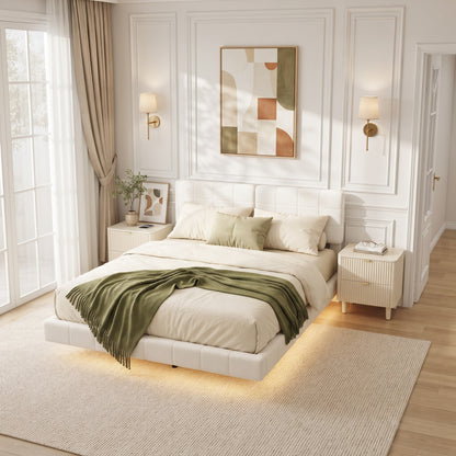 White Boucle Floating Bed with Light,King image 2