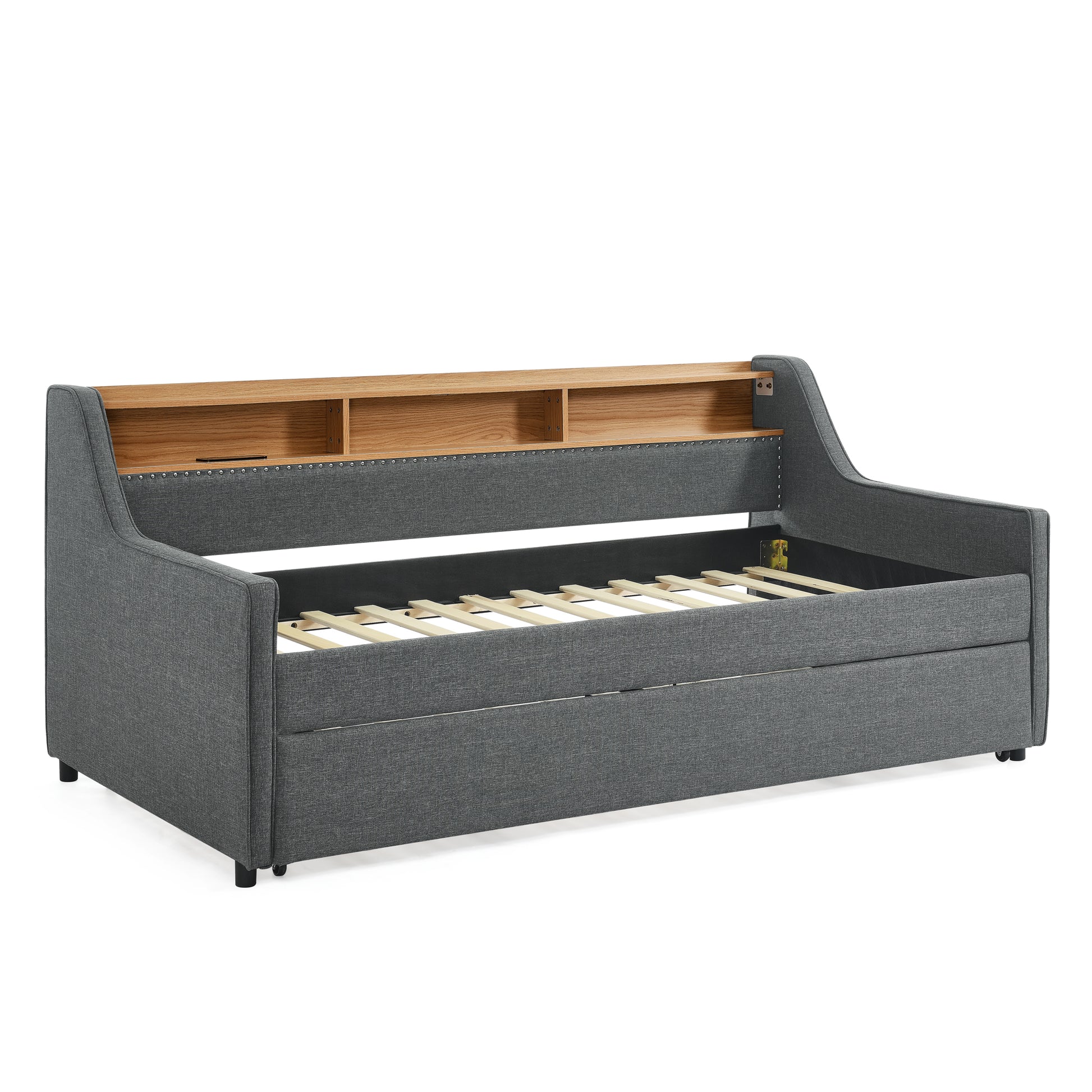 Twin Size Upholstery Sofa Bed with Three LED lights, with Storage Adjustable Headboard, with Foldable Leg Pull up Trundle Bed and Wireless Charging, Linen Padded Sofa Bed frame, Grey image 9