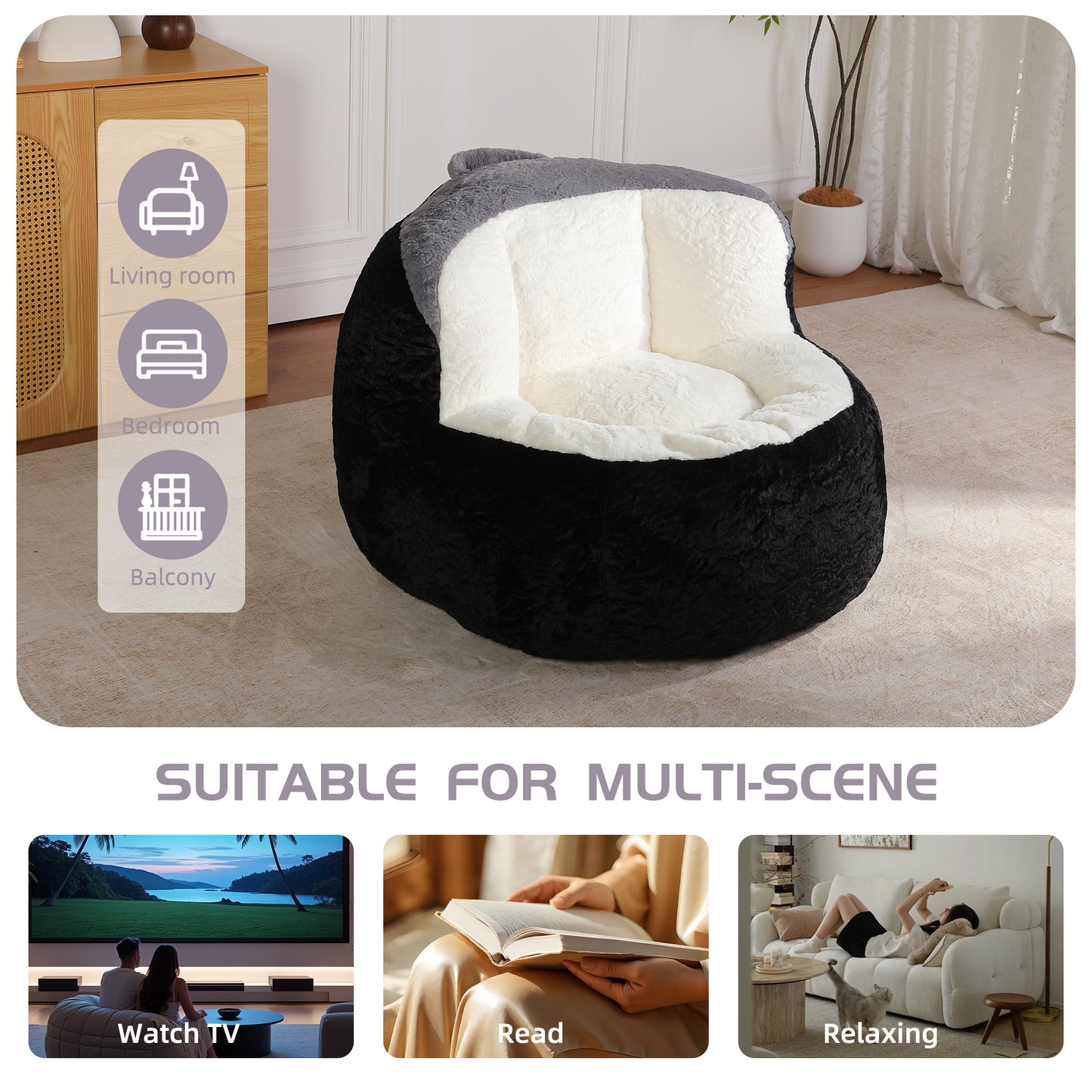 Oversized Bean Bag Chairs,Multicolor Faux Fur Couch Filled with Shredded Sponge,Large Lounger Sofa For Living Room,No Assembly Required, Black+White+Grey image 7