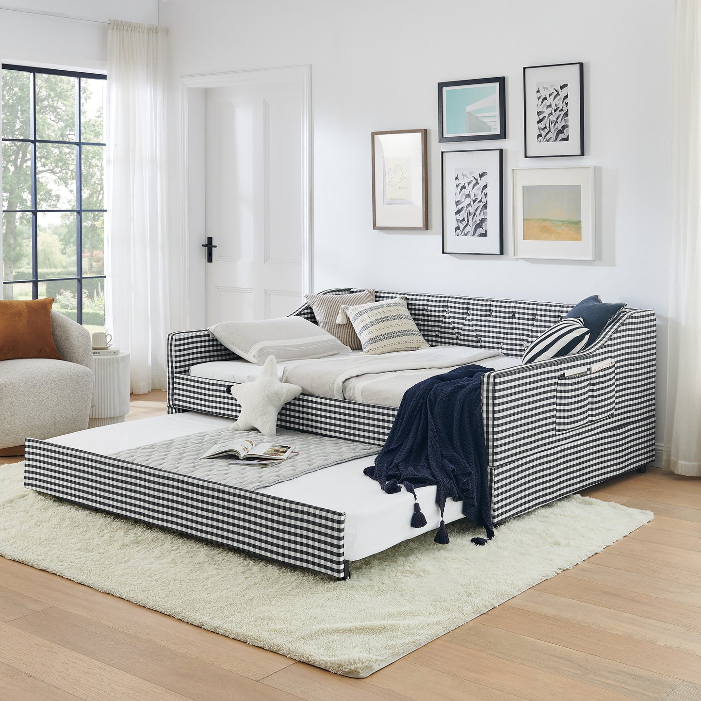 Full‑Size Daybed,Upholstered Convertible Daybed with Tufted Button Backrest, 3‑in‑1 Versatile Sofa Bed with Pull‑Out Trundle & Side Storage, Perfect for Compact Living-Black image 1