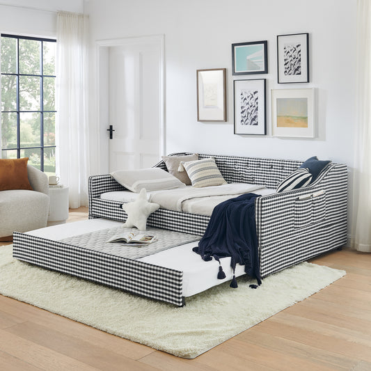 Full‑Size Daybed,Upholstered Convertible Daybed with Tufted Button Backrest, 3‑in‑1 Versatile Sofa Bed with Pull‑Out Trundle & Side Storage, Perfect for Compact Living-Black image 1