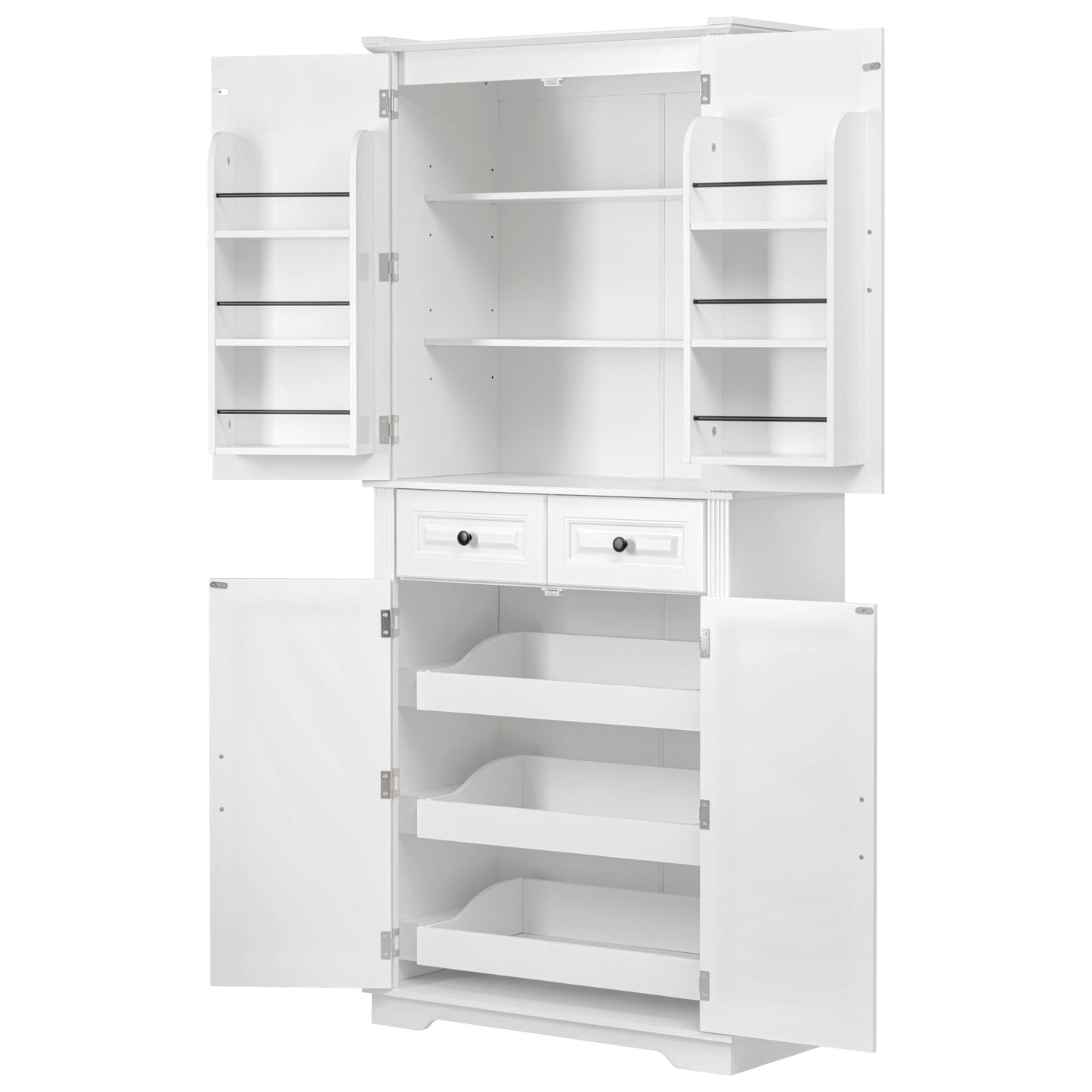 K&K 71" Tall Kitchen Pantry Cabinet with 3 Pull Out Cabinet Organizers, Farmhouse Embossed Texture Storage Cabinet with 6 Door Shelves, 2 Drawers, Freestanding Cupboard for Kitchen, Dining Room White image 3