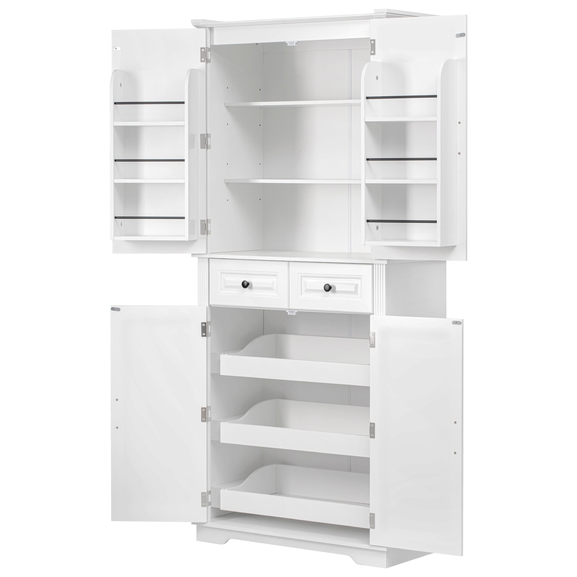 K&K 71" Tall Kitchen Pantry Cabinet with 3 Pull Out Cabinet Organizers, Farmhouse Embossed Texture Storage Cabinet with 6 Door Shelves, 2 Drawers, Freestanding Cupboard for Kitchen, Dining Room White image 3