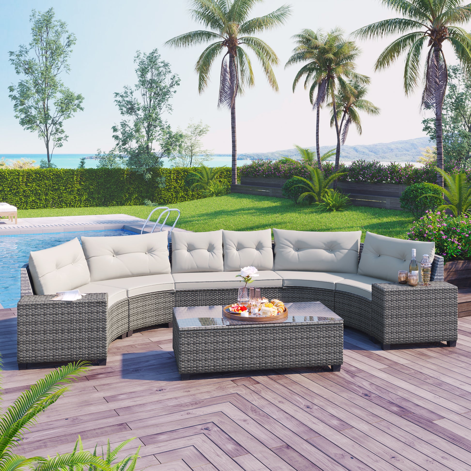 <Old SKU: FG201215AAA> 8-pieces Outdoor Wicker Round Sofa Set, Half-Moon Sectional Sets All Weather, Curved Sofa Set With Rectangular Coffee Table, PE Rattan, Movable Cushion, Beige image 1