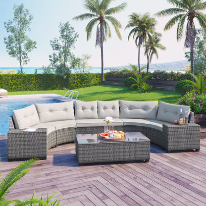 <Old SKU: FG201215AAA> 8-pieces Outdoor Wicker Round Sofa Set, Half-Moon Sectional Sets All Weather, Curved Sofa Set With Rectangular Coffee Table, PE Rattan, Movable Cushion, Beige image 1