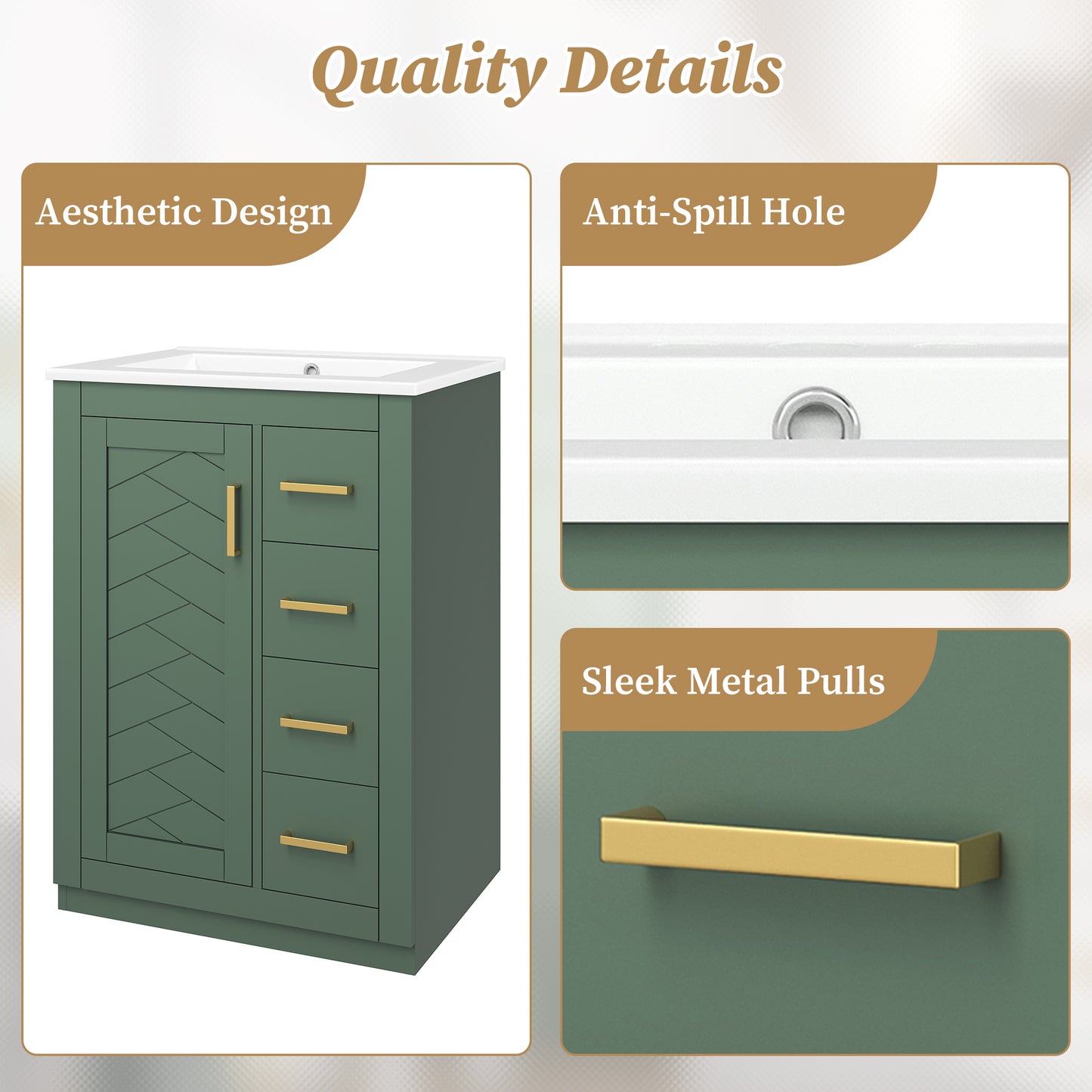 24" Bathroom Vanity with Integrated Ceramic Sink, Bathroom Cabinet with 1 Door, 3 Drawers, Single Sink Bathroom Vanity for Small and Medium Restroom, Green image 6